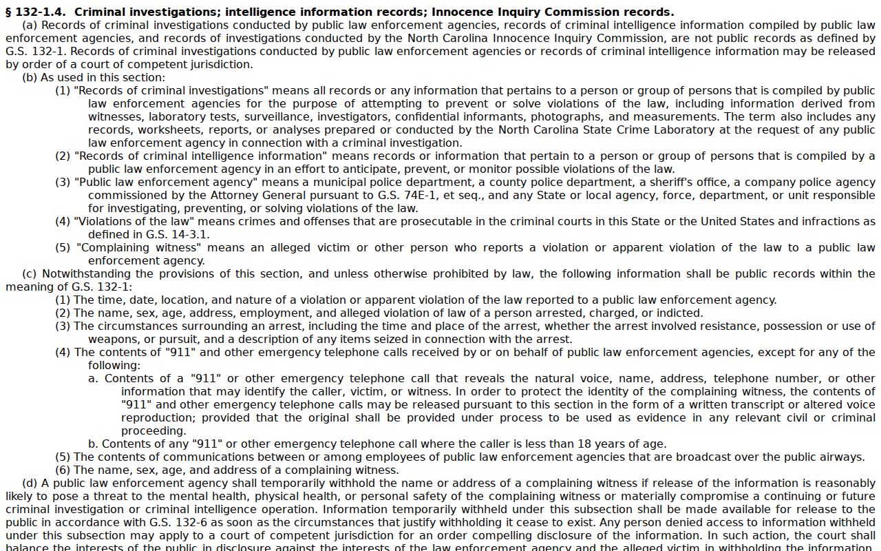 North Carolina law governing public Dare County arrest information