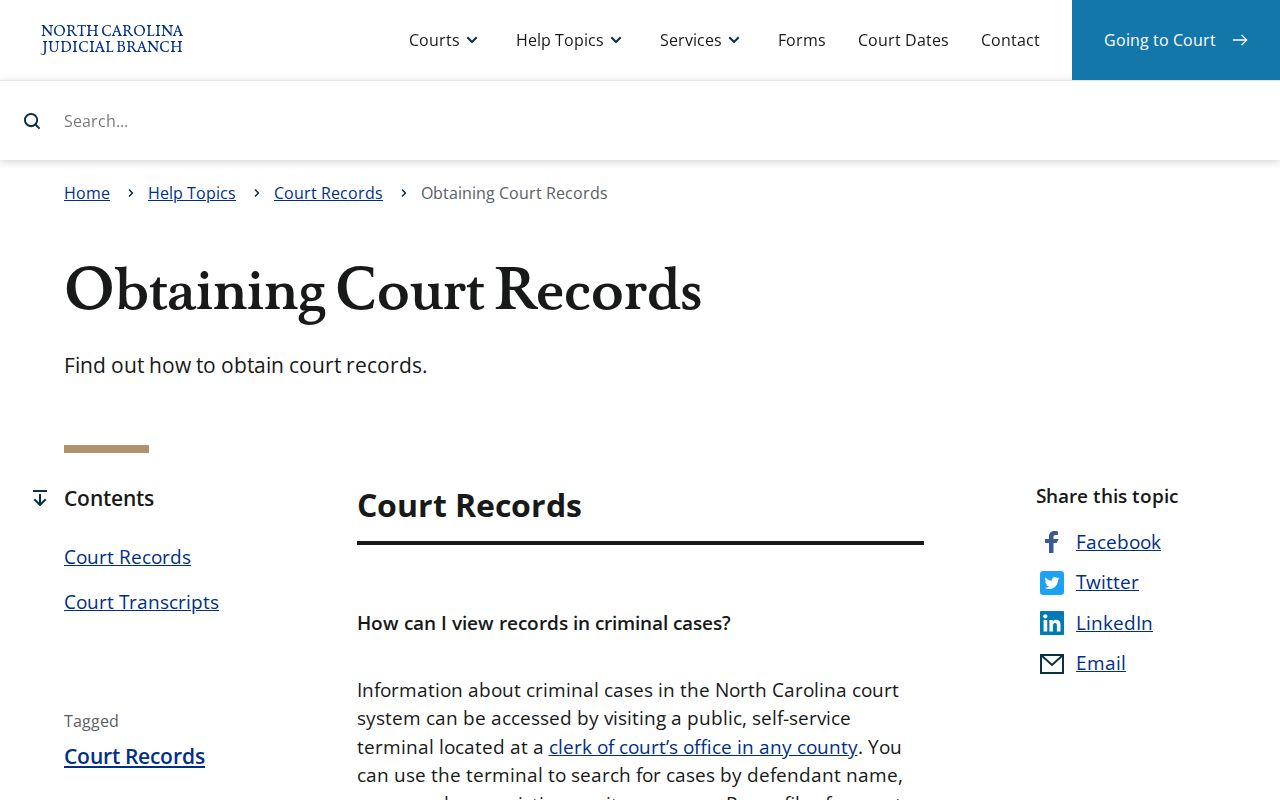 Dare County criminal court record access methods from the Judicial Branch