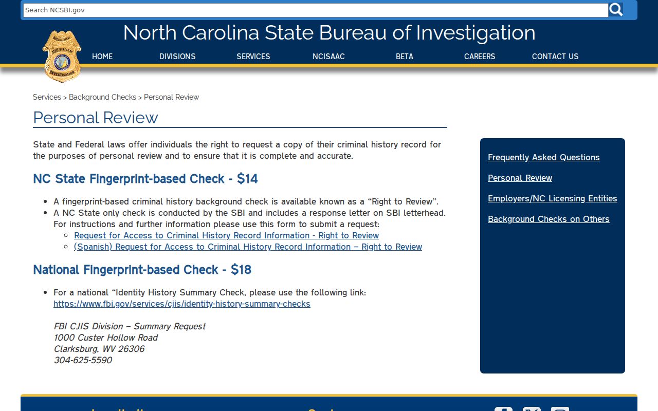 Dare County criminal history SBI Right to Review page