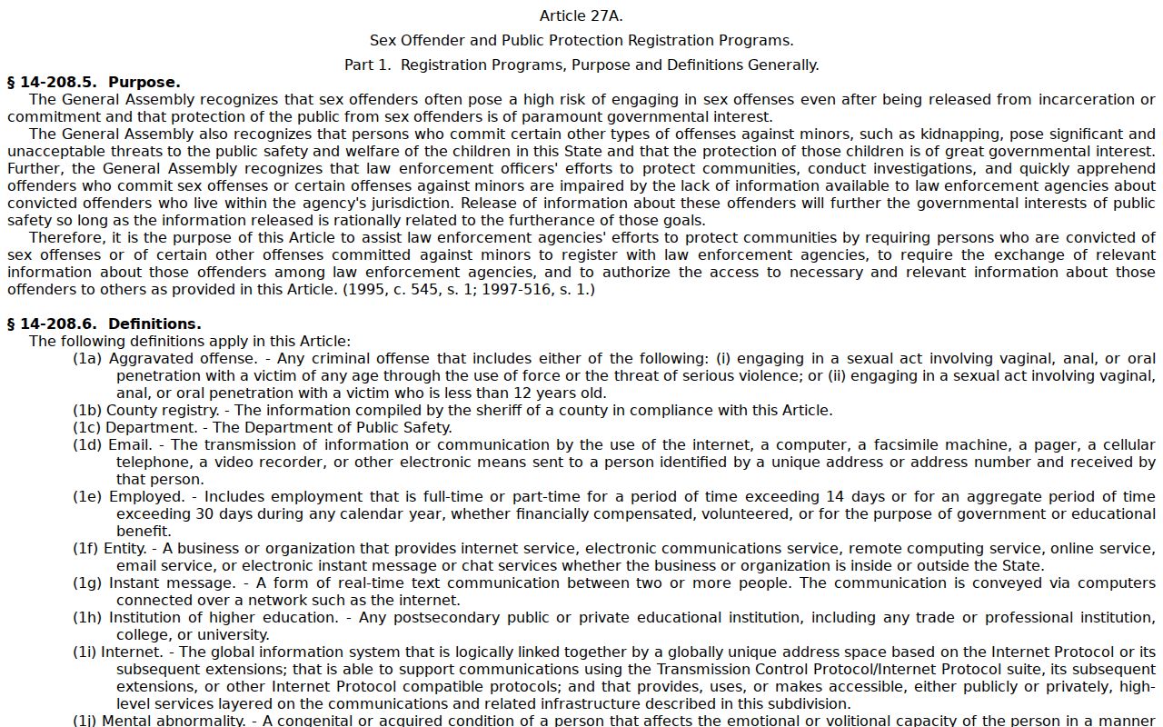 North Carolina Article 27A rules for Dare County sex offender registration